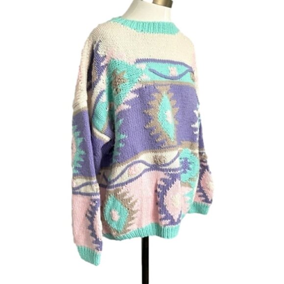 Vintage 80s Pastel Aztec Southwestern Boxy Mock Neck Pullover Sweater - M - Picture 3 of 9